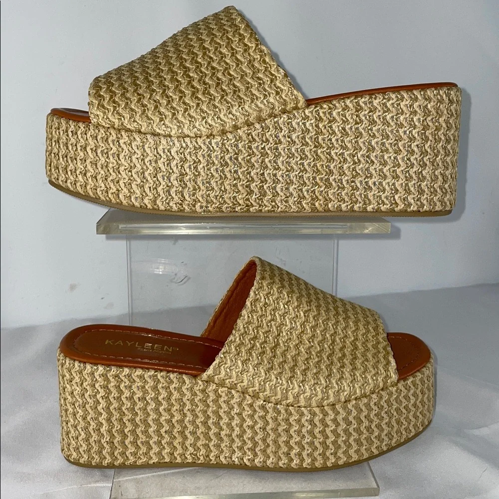 KAYLEEN BY LOS ANGELES RAFIA PLATFORM WEDGE SLIDE SANDALS FTL-12-026